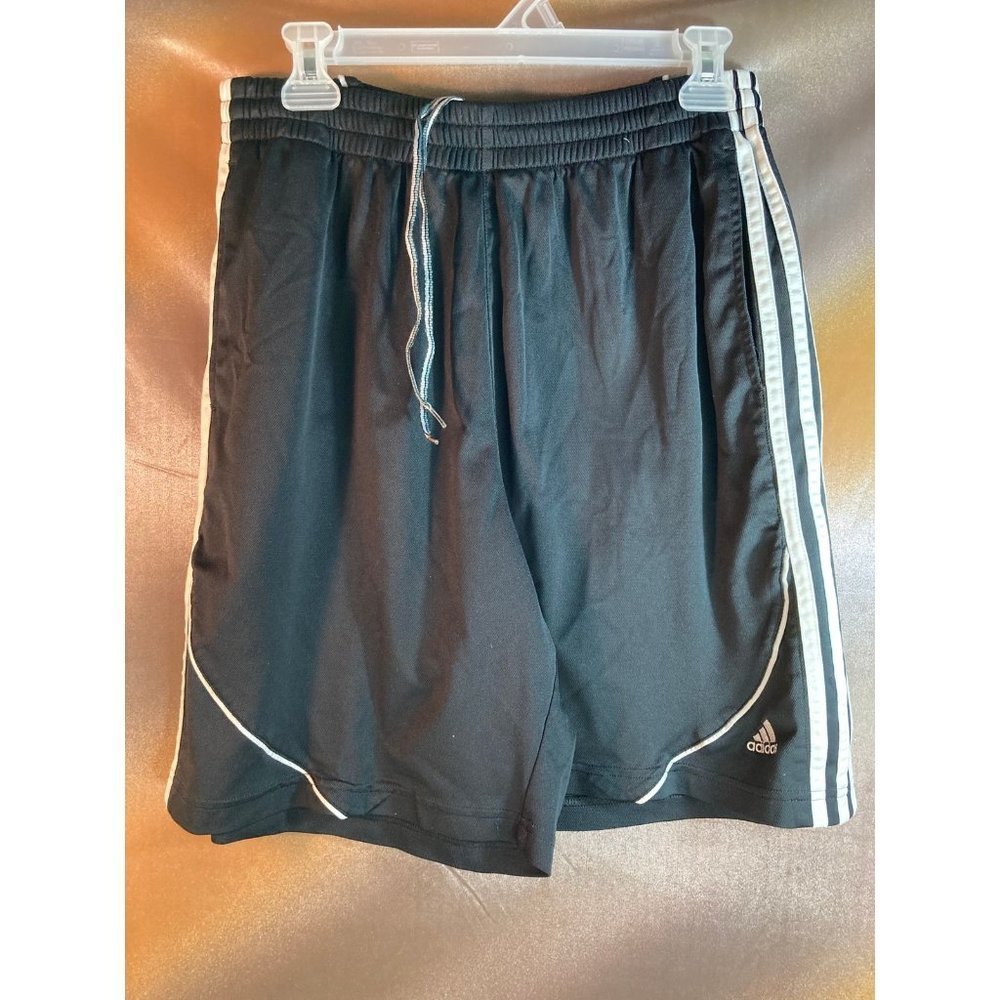 Adidas black gym shorts with 3 white stripes drawstring. Box R